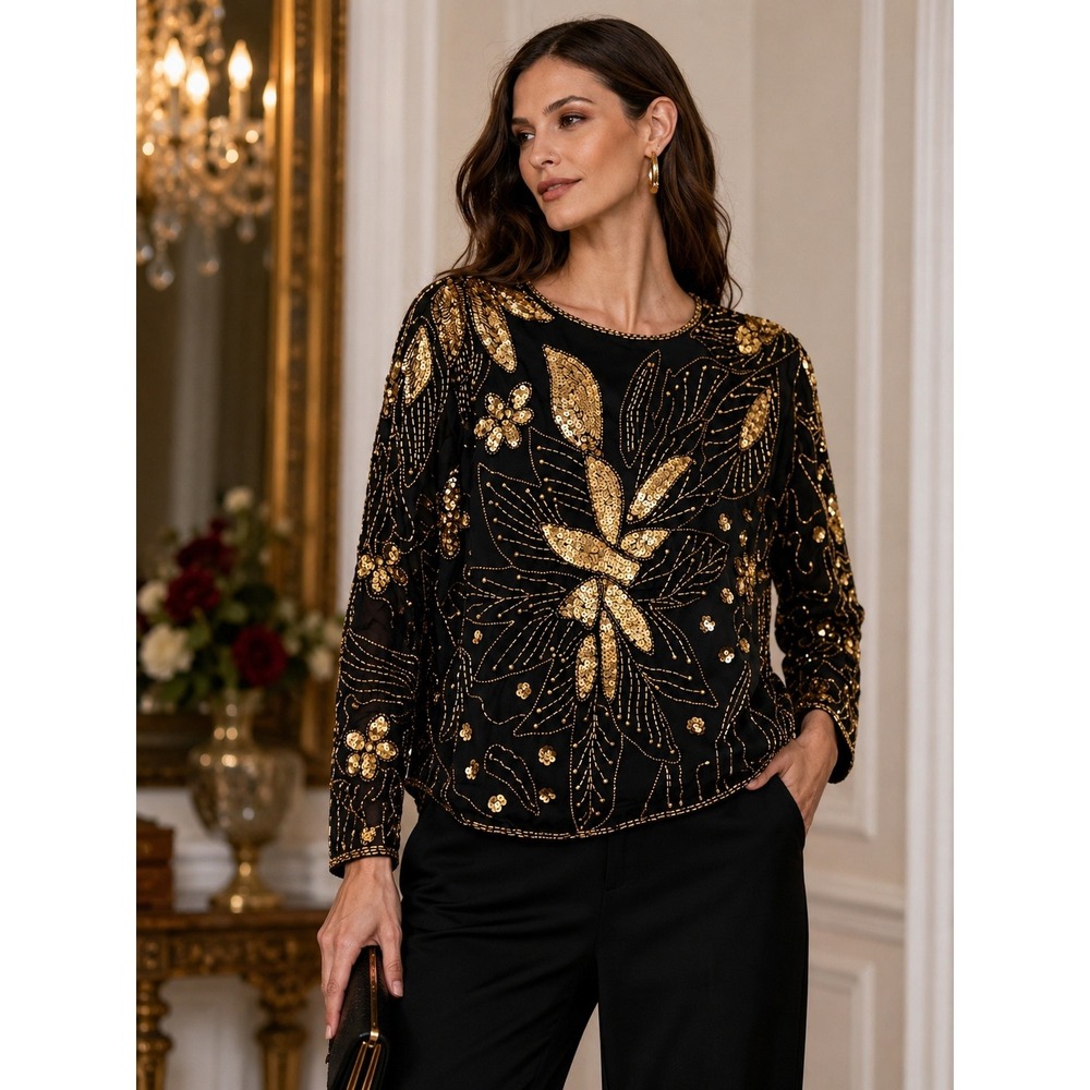 Royal Silk Beaded Top Womens Medium Black Gold Sequin Vintage Evening Blouse